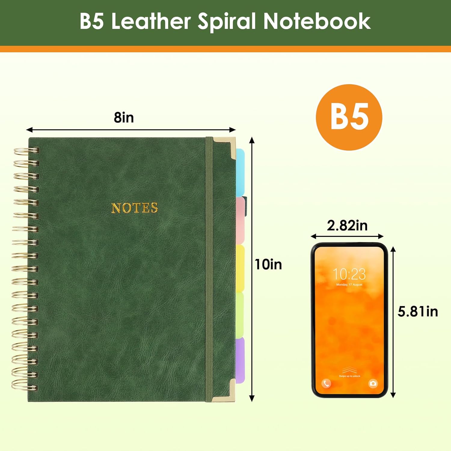 5 Subject Notebook College Ruled with Movable Tab Dividers, 300 Pages 8"x10"/B5 Leather Hardcover Spiral Notebook, 100GSM Thick Journal Notebooks for Work, School, Green