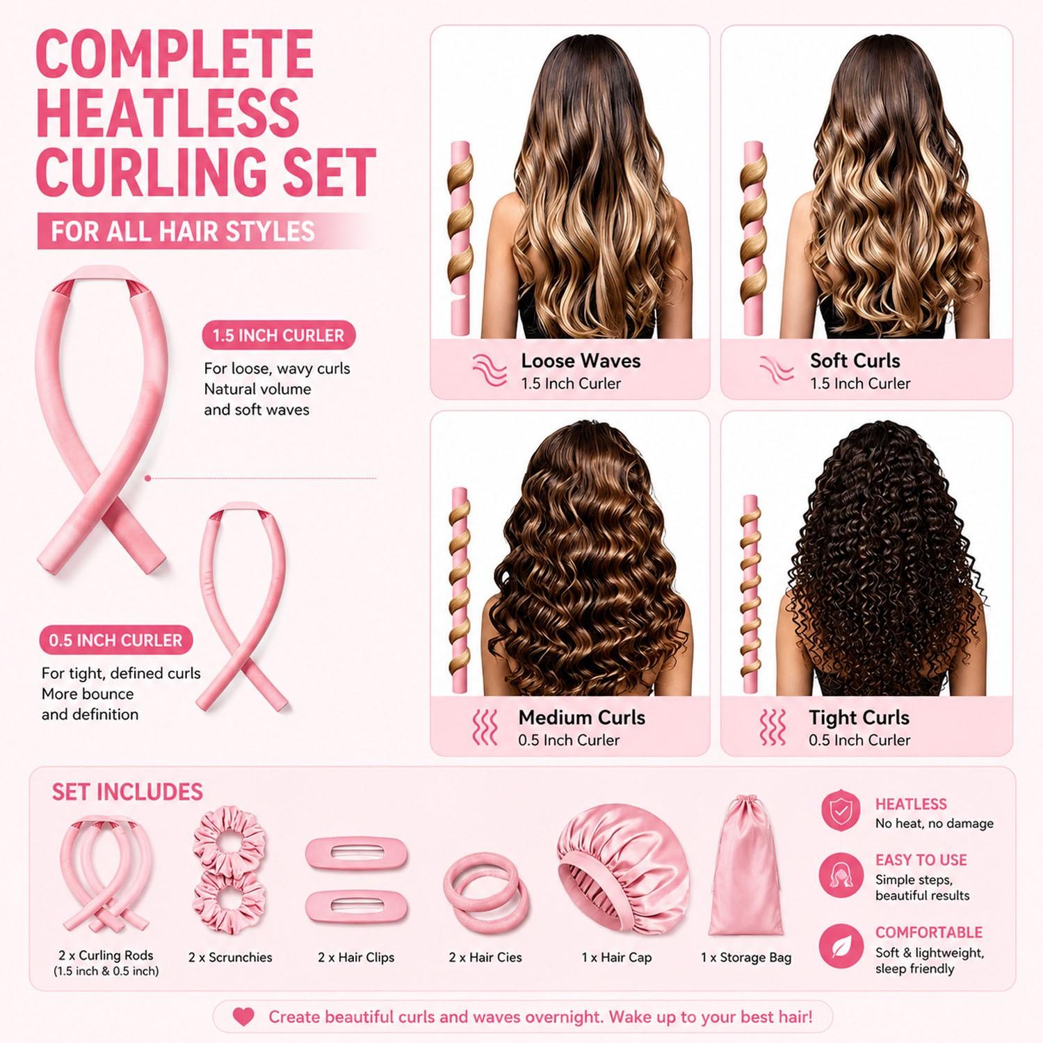 8Pcs Satin Heatless Curling Set, Luxury Overnight No-Heat Hair Curler Kit Heatless Hair Curlers with Satin Bonnet, Curling Headband, Scrunchies, Hair Clip & Hair Ties, Wake Up with Salon-Like Soft Curls, Smooth Waves & Frizz-Free Hair