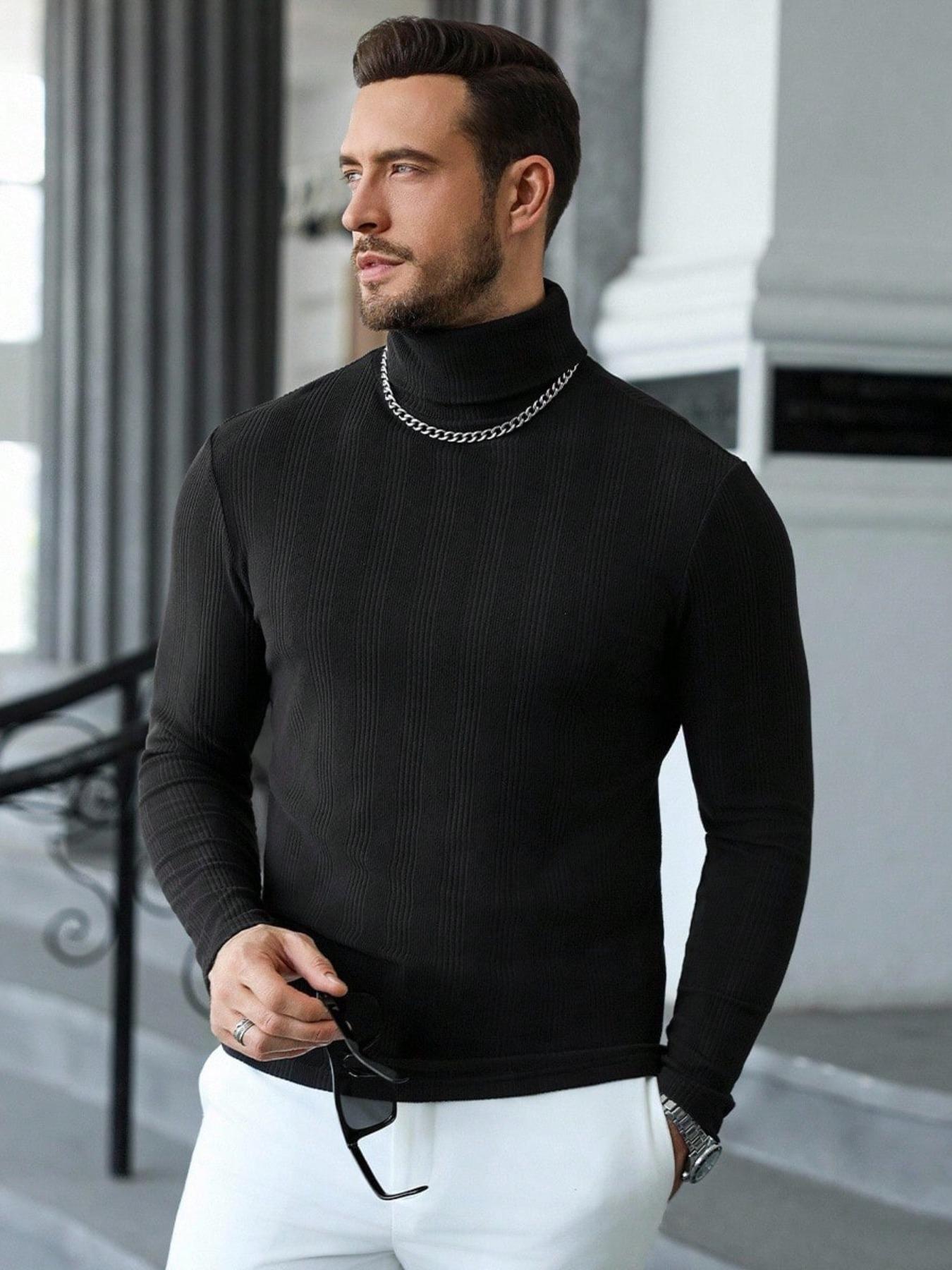 Men's Long Sleeve Knitted High Neck Pullover, Slim Fit Casual Solid Color Underwear, Perfect for Autumn Winter Street Style, Knitted Ribbed Turtleneck