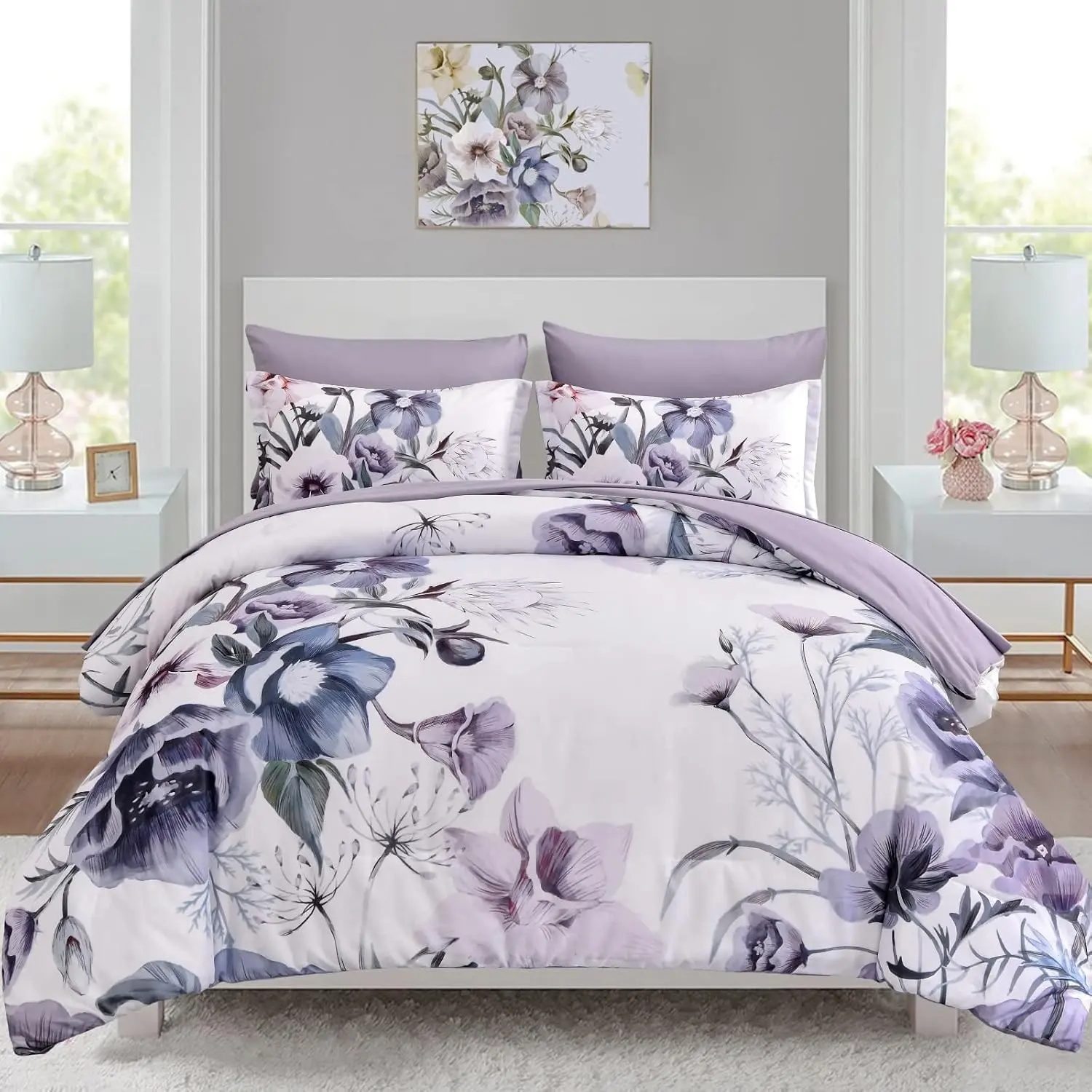 Floral Comforter Set Queen Size 7 Piece, Purple Flower Bed in a Bag, Elegant Floral Comforter with Sheet Set, Soft Microfiber Bedding Set for All Season (Purple, 90"x90")