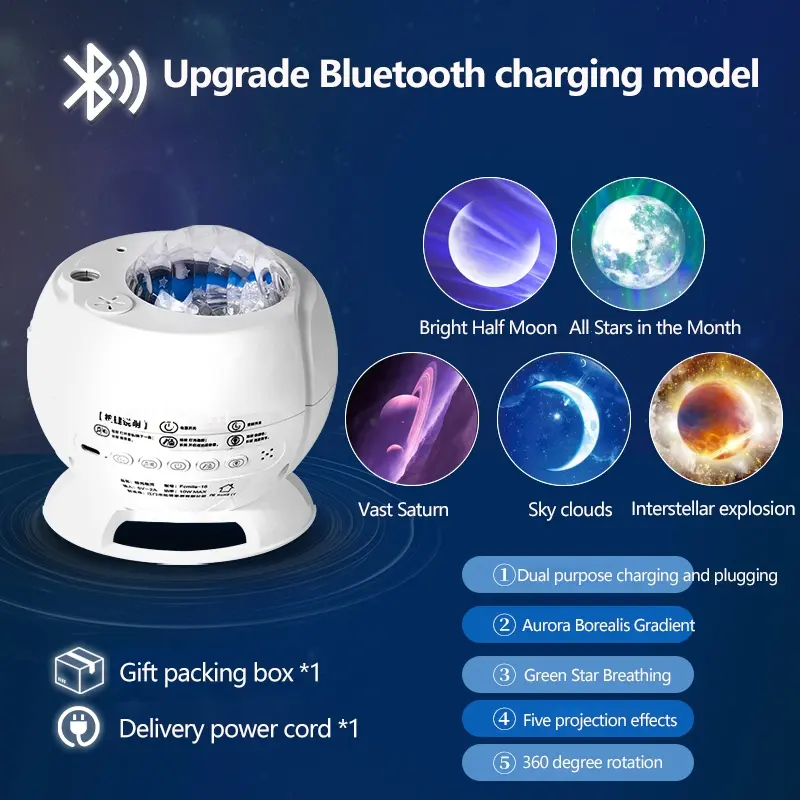 Rechargeable Projector Table Lamp Holiday Gifts Aurora Northern Light  Ambient Projector Light Bedroom Wireless Ocean Wave Star Moon Aurora Dome Projector