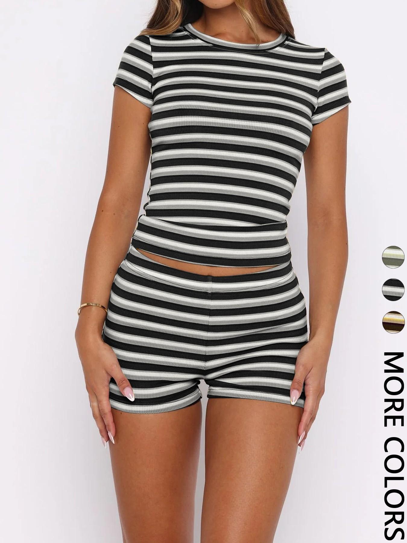 Women's Summer Olive Striped Casual Slim Fit Two-Piece Set, Round Neck Short Sleeve Top + High Waist Mini Shorts