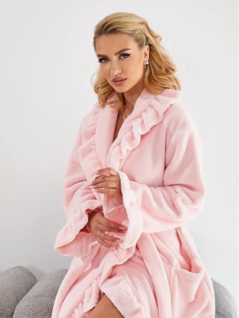 Women's Solid Color Flannel Bathrobe, Elegant Long Sleeve Wrap Robe, Women's Sleepwear for Fall & Winter, Nightgown, Casual Comfy Fluffy Pajamas, Soft Casual Pajamas