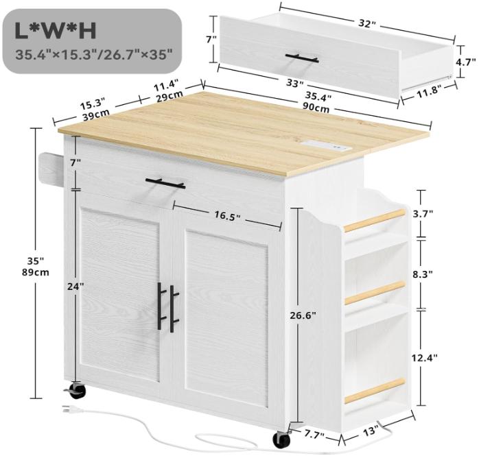 IRONCK Kitchen Island with Storage, Rolling Kitchen Island on Wheels with Drop Leaf, 3 Open Spice Rack Shelf, Door Cabinet, Drawer, Kitchen Cart Island Table for Kitchen