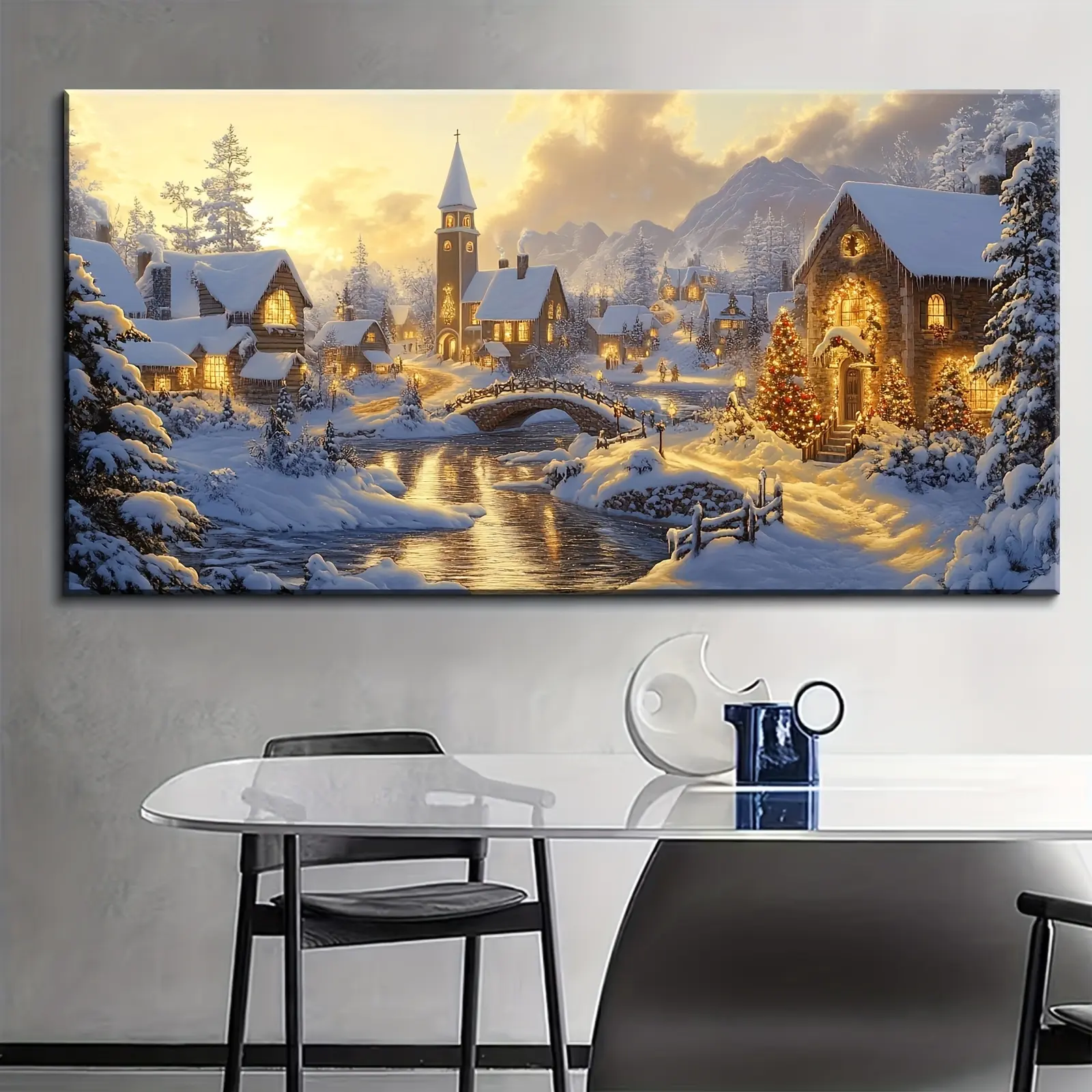 Framed Winter Snow Village Christmas Canvas Wall Art Print - Magical Mountain Wood Cabin with Warm Golden Lights, Tree Accents, Cozy Nature Landscape for Living Room Decoration, Holiday Gift