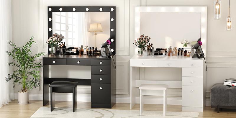 VOWNER Makeup Vanity Table,Vanity Desk With 14 Bulbs & Large Lighted Mirror, 5 Drawers And 1 Cabinet For Storage, Come Up With Stool
