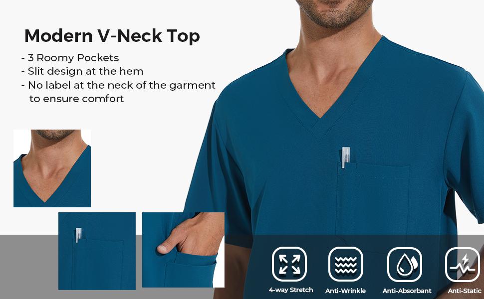 COZYFIT Scrub Top for Men Caribbean Blue Stretch V-Neck with 3 Pockets Anti-Wrinkle Workwear Menswear Uniforms SpringStatements