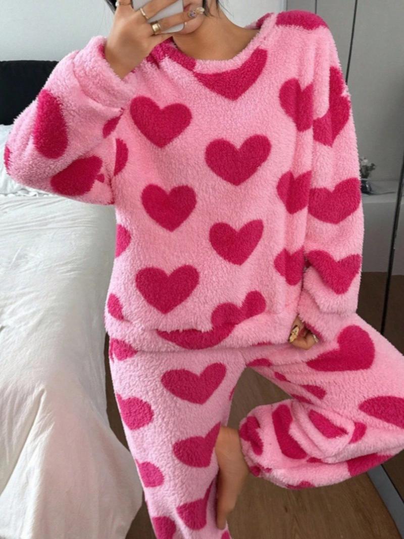 Women's Fall Winter Heart Print Fleece Pajama Set, Warm & Cozy Sleepwear, Long Sleeve Round Neck Loungewear, Casual Home Wear