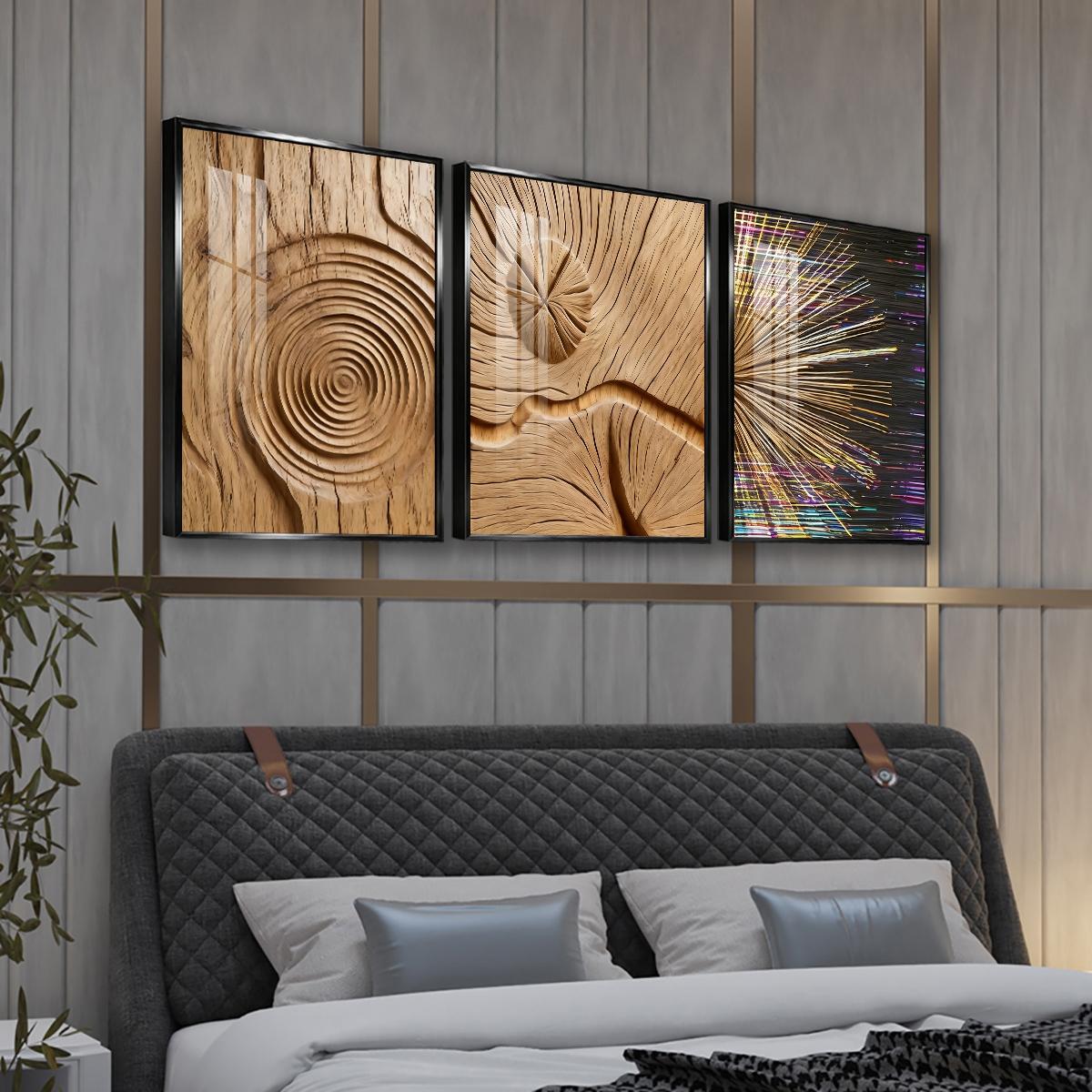 3 Counts Aluminum Alloy Framed Painting, Abstract Wood Texture And Light Burst Art, Home Decoration For Living Room, Bedroom, Office, Restaurant, Hallway Wall Decor, Odorless Print Artwork, Luxury Perfect Gift For Friends And Family