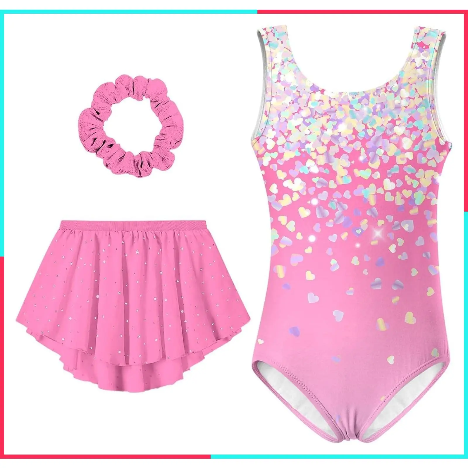 Girls' Gymnastics Leotards 3-Piece Outfit with Skirt, Ages 4-11 Years