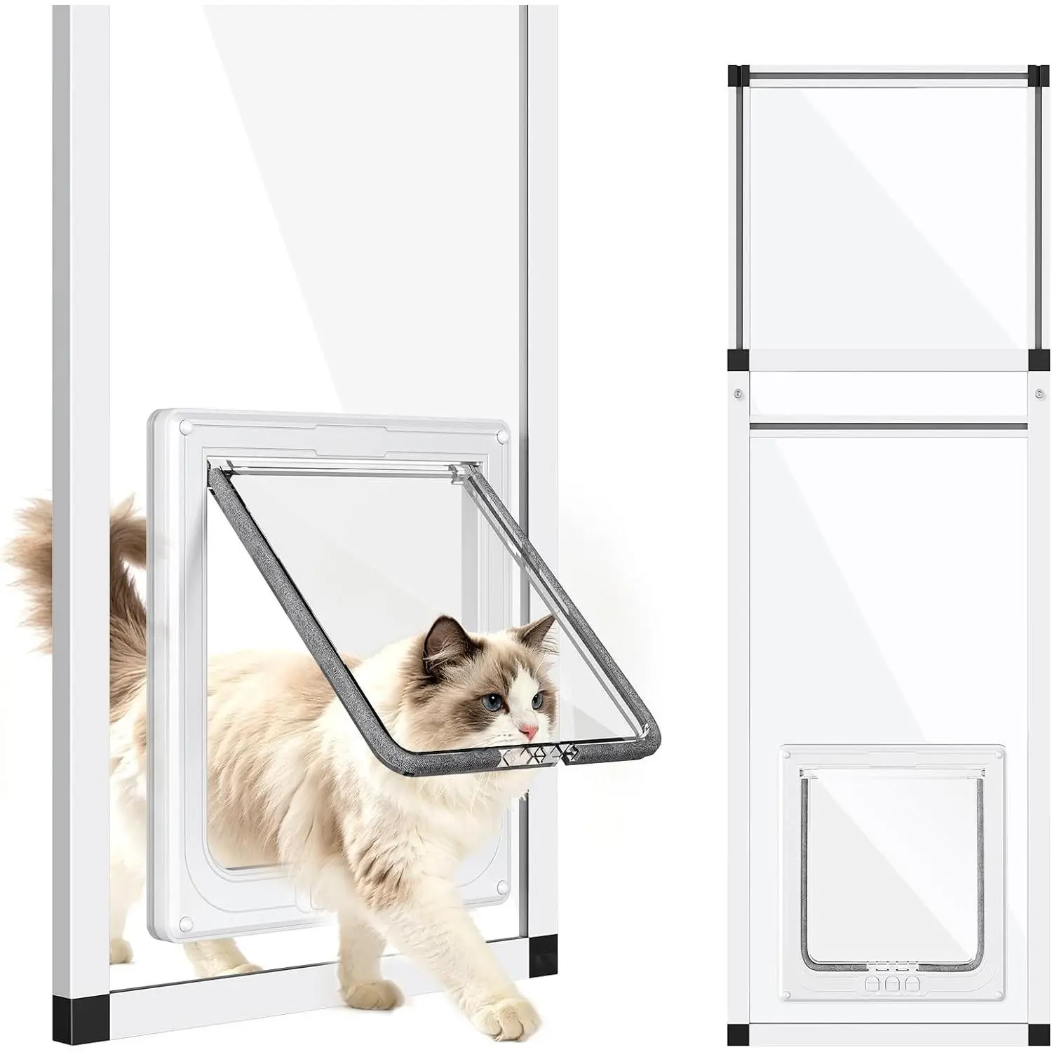 Adjustable Height Vertical Cat Door Window Insert (41"-62"), 1-Min Install, 4 Locking Modes, Aluminum Frame, HD Glass, Magnetic Close, Weatherproof Pet Door for Cats, Adjust Height