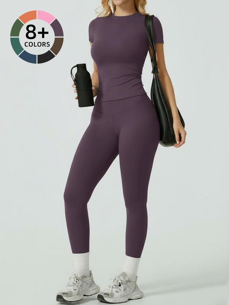Women's Yoga 2-Piece Set, Breathable Short Sleeve Tee & High Waist Tight-Fit Pants, Sporty Style, All-Season Wear, Yoga Outfit Set, Casual Workout Loungewear