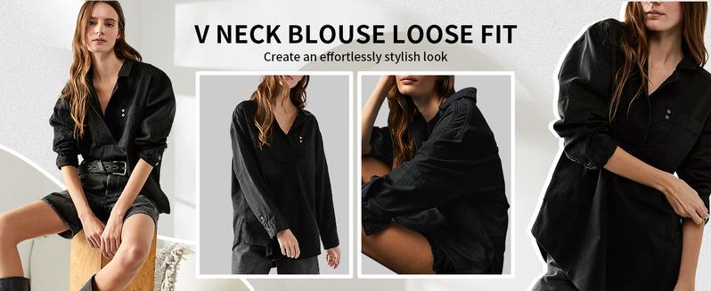 Goranbon Women's Denim Pullover Casual Notch V Neck Blouse Loose Fit Long Sleeve Jean Jacket with Pocket