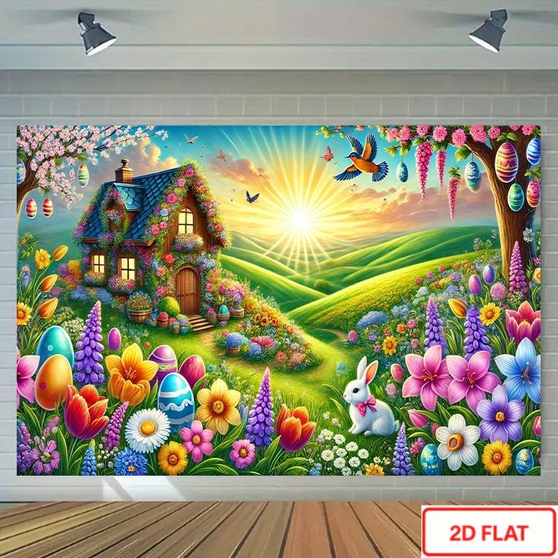1pc Spring Cottage Easter Bunny & Tulip Cottage Backdrop - Large Horizontal Pastel Egg & Tulip Wall Hanging with Smiling House Design, Durable Polyester Fabric for Party Decorations, Easter Egg H