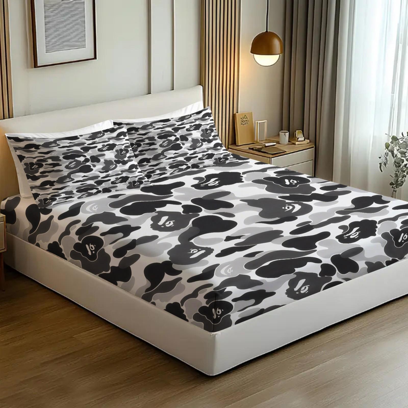 Black-White Camouflage Fitted Sheet Set & 2 Pillowcases No Core, Low-Saturation Camo & Iconic Ape Head Logo, Soft Anti-Slip Wrinkle Resistant, Industrial Hip Hop Style Bedroom Decor, Gift for Fans