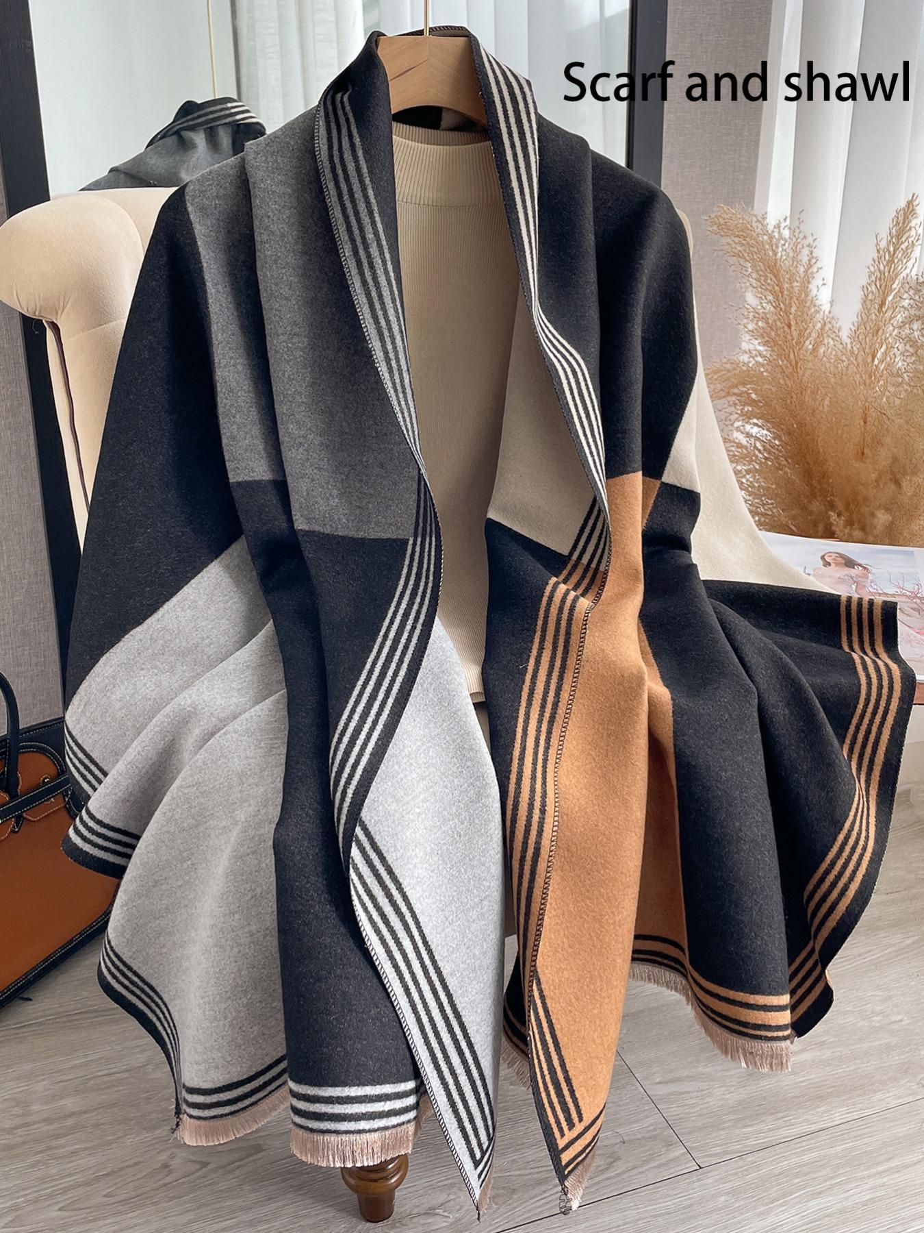 Women's Colorblock Tassel Decor Double Sided Scarf, Casual Soft Warm Shawl for Fall & Winter, Fashion Accessories for Women & Men