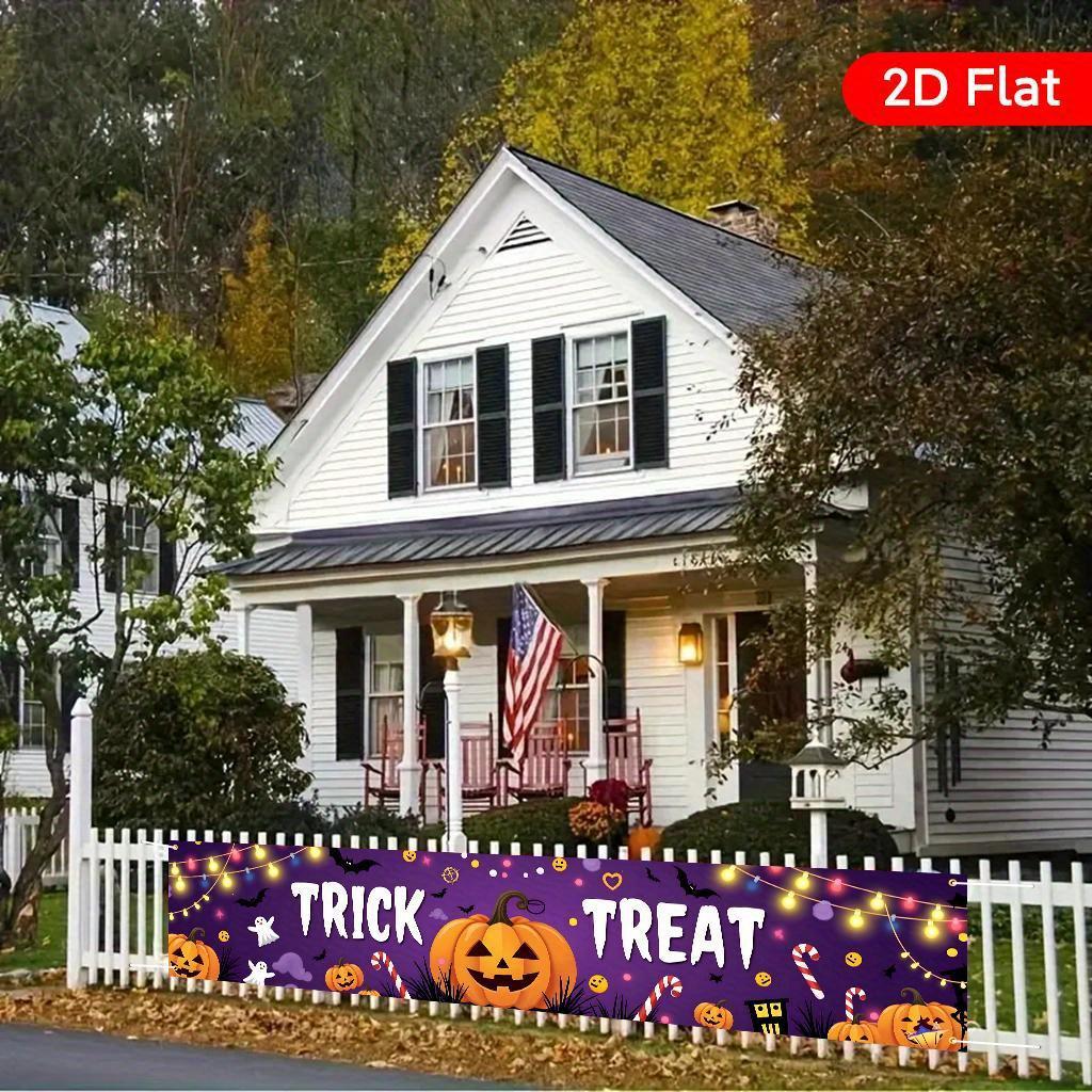 1Pcs 17.7x78.7IN 2D Flat Large Halloween Banner - Porch Fence Garden Yard Balcony Patio Door Backdrop - Durable Polyester with Pumpkin Bat Design - Indoor Outdoor Easy Hang Party Decor for Birthday Wedding Anniversary Fall