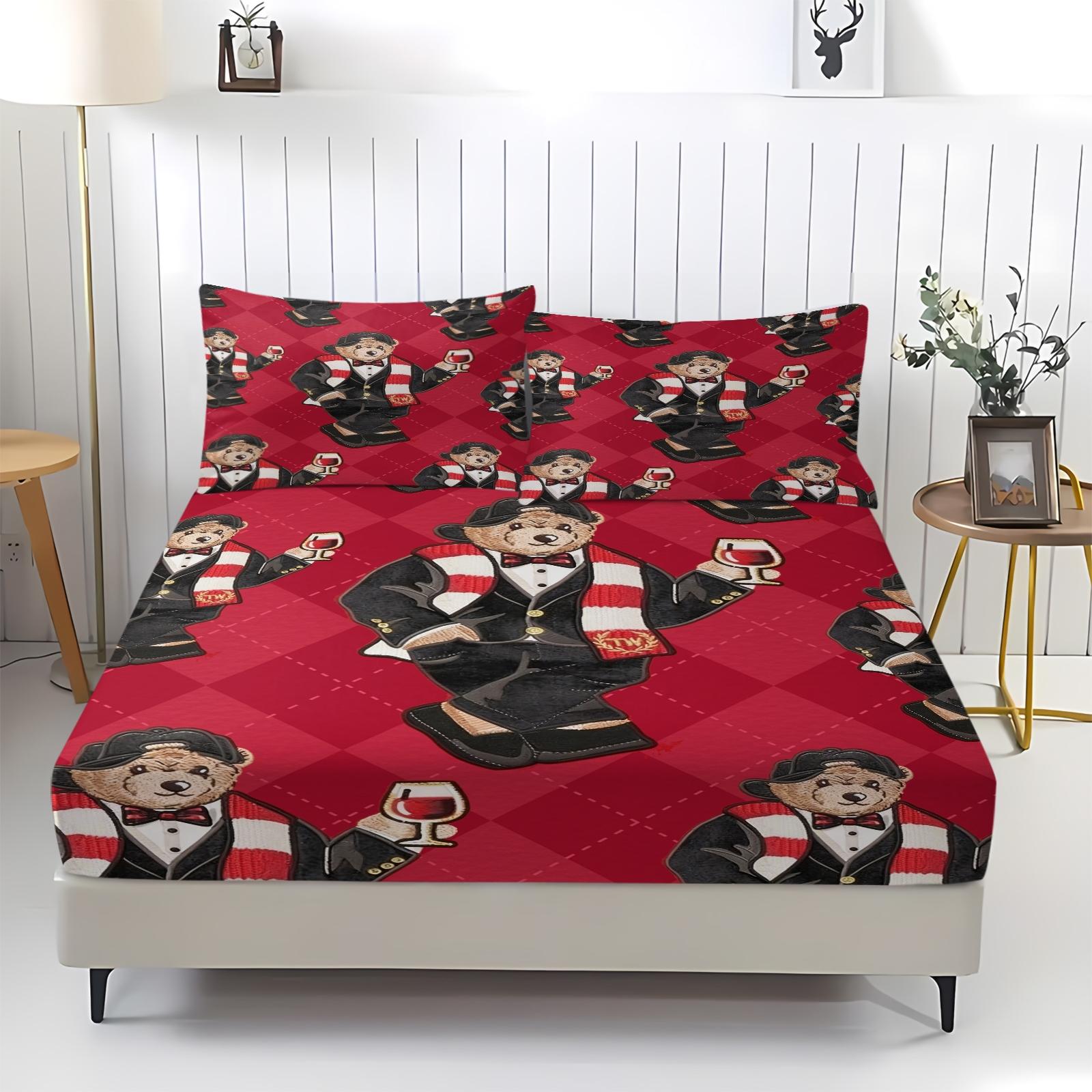 Teddy Bear Pattern Bed Sheet, Comfortable Printed Pattern, Includes 1 Bed Sheet and 2 Pillowcases, Comfortable Bedding, Non slip Dust Cover Suitable for Bedroom and Guest Room, Suitable as a Gift for Children or Adults, Bed Sheets Set