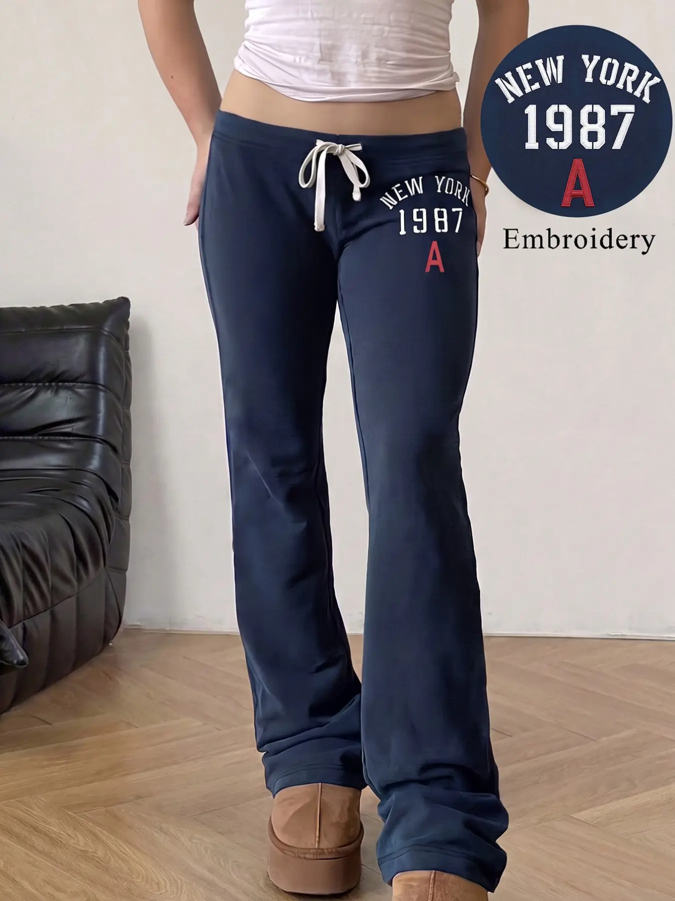 Navy Low Waist Drawstring Micro Flare Sweatpants For Women, New York 1987 Letter Embroidery Slim Bootcut Casual Trousers, Soft Stretch Y2K Street Loungewear Pants For Daily Autumn Going Out Wear Bottoms