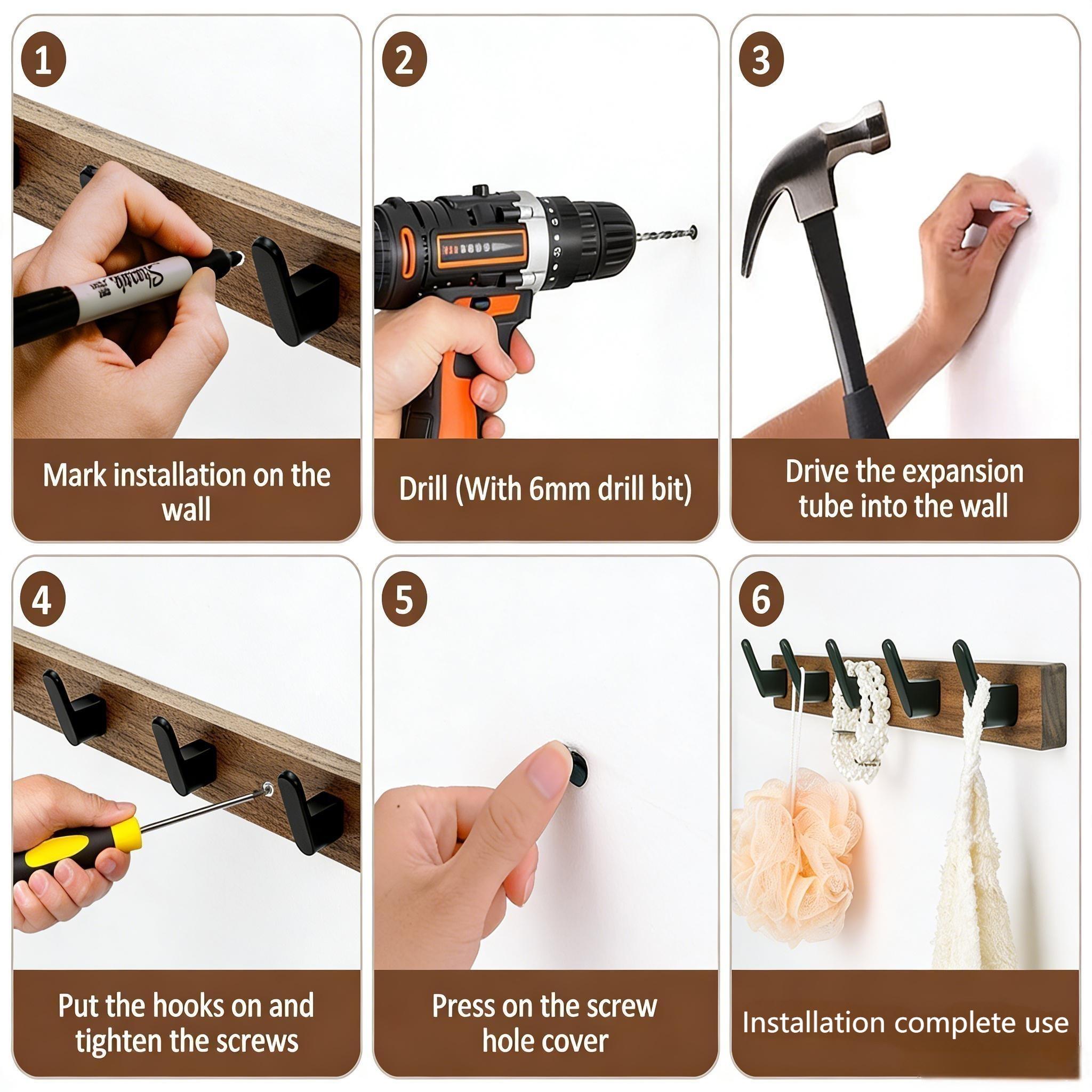 Coat Hooks Wall Mount, Wall Mounted Coat Rack with 4/5 Aluminum Hooks for Hanging Backpacks, Hats, Dog Leashes, Towels, Keys, Walnut Wood Wall Hooks for Entryway, Bathroom, Bedroom