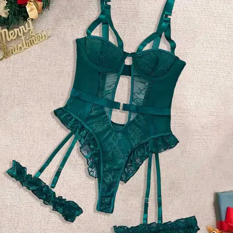 【Black Friday】Women's Christmas Embroidered Lace Lingerie Set, Sheer Fitted Underwear with Adjustable Straps for Holiday and Year-Round Wear