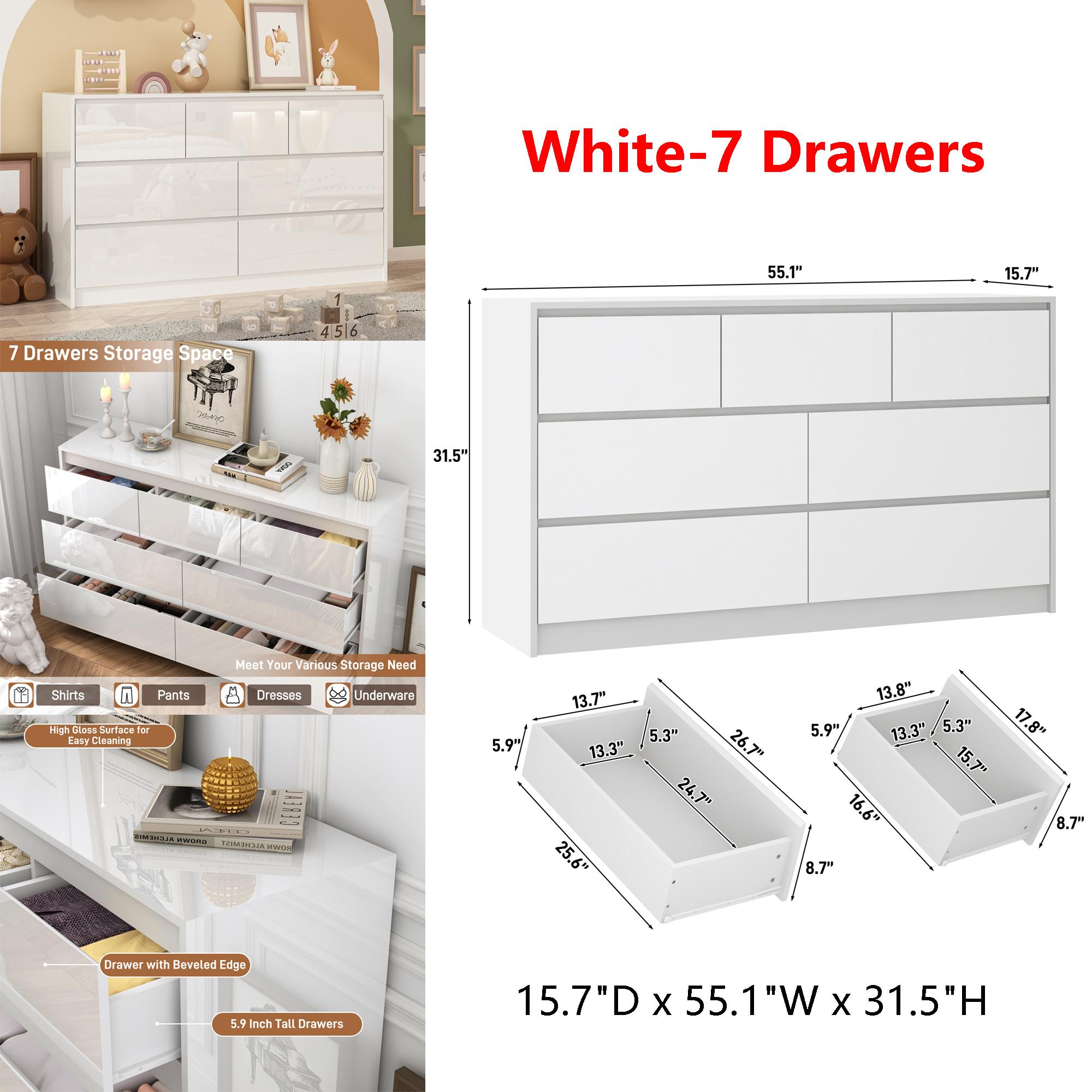 Dresser for Bedroom, Modern Dresser with Drawers, Large Wood Chest of Drawer Handle Free, Long Dresser for Bedroom, Living Room, Entryway, Hallway, White/Black