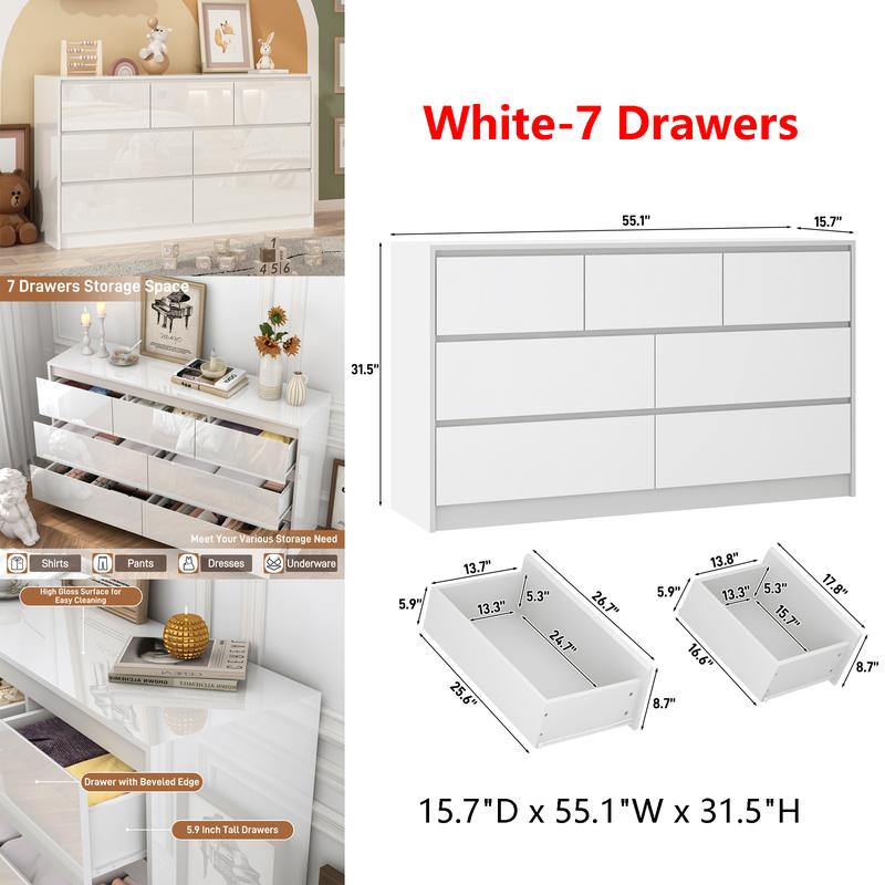 Dresser for Bedroom, Modern Dresser with Drawers, Large Wood Chest of Drawer Handle Free, Long Dresser for Bedroom, Living Room, Entryway, Hallway, White/Black