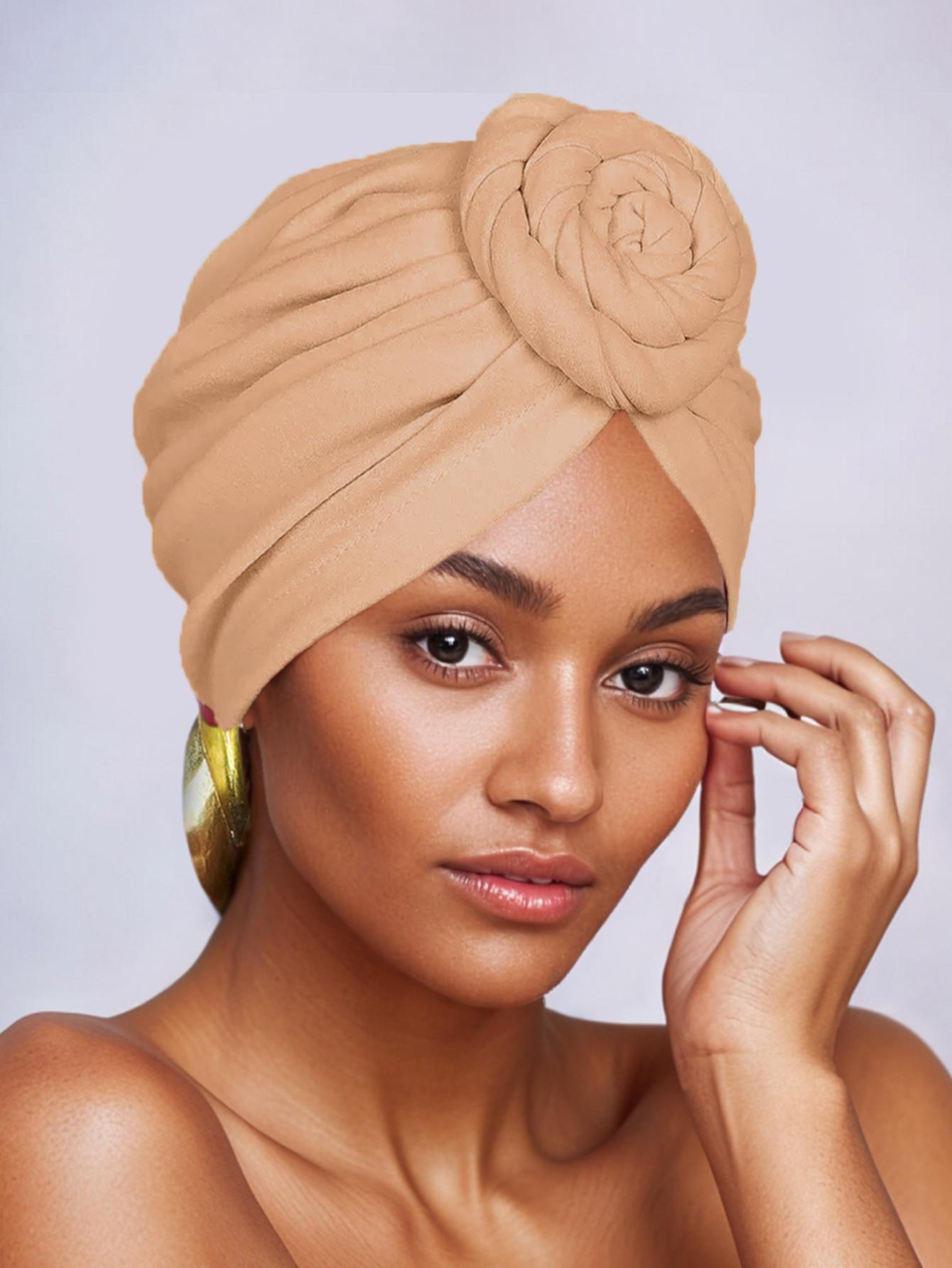 Women's Ethnic Headscarf Hat, Floral Twist Design Indian Turban Cap, Casual Fitted Style for All Seasons, Perfect for Parties & Daily Use