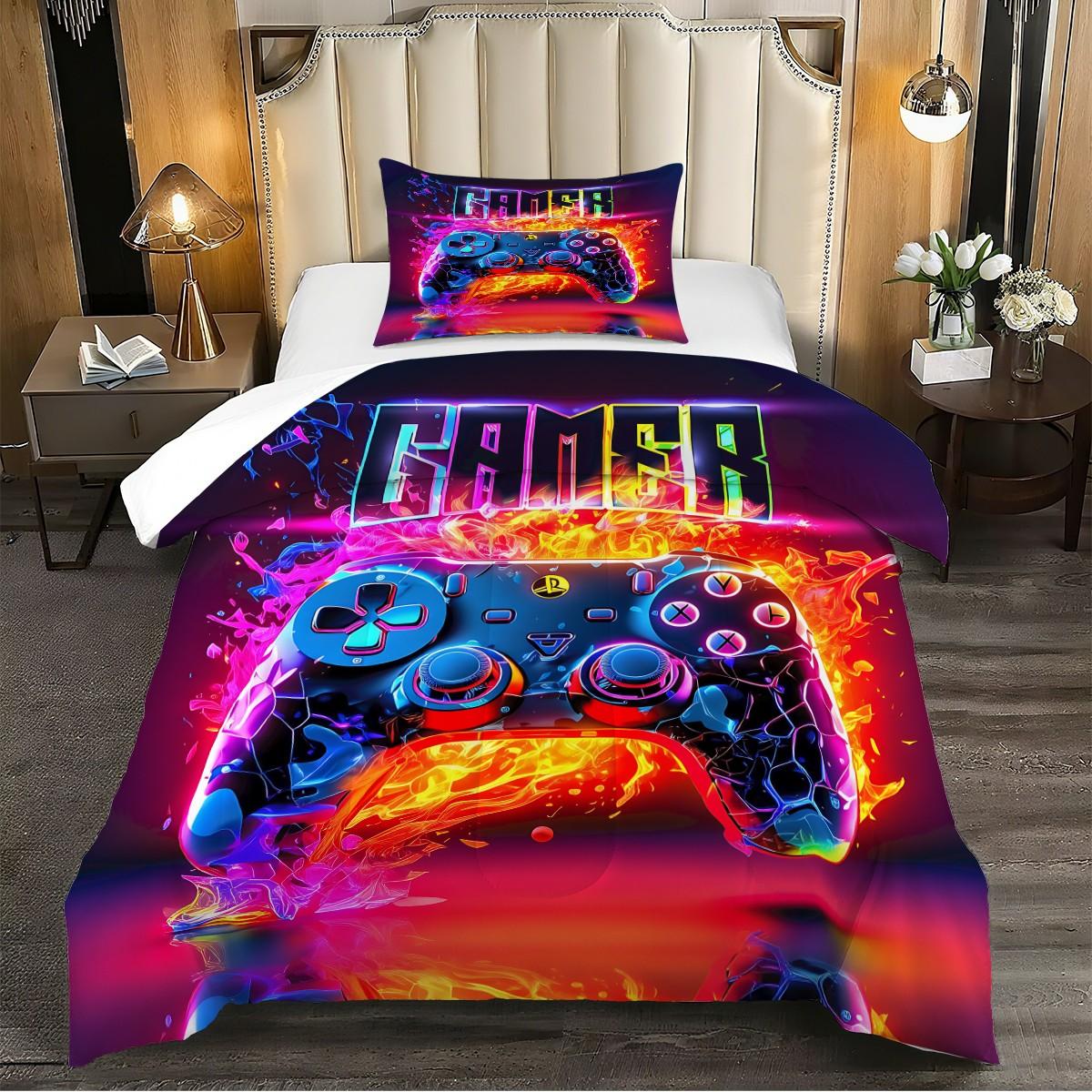 Futuristic and Energetic Gaming Controller 2/3pcs Comforter Set, Flame and Neon Light Effects Create a Dynamic and Dynamic Bedding Set, Soft and Comfortable, Personalized and Vibrant Style,Adding Allure and Fun 1 or 2 Pillowcase No Pillow Core.