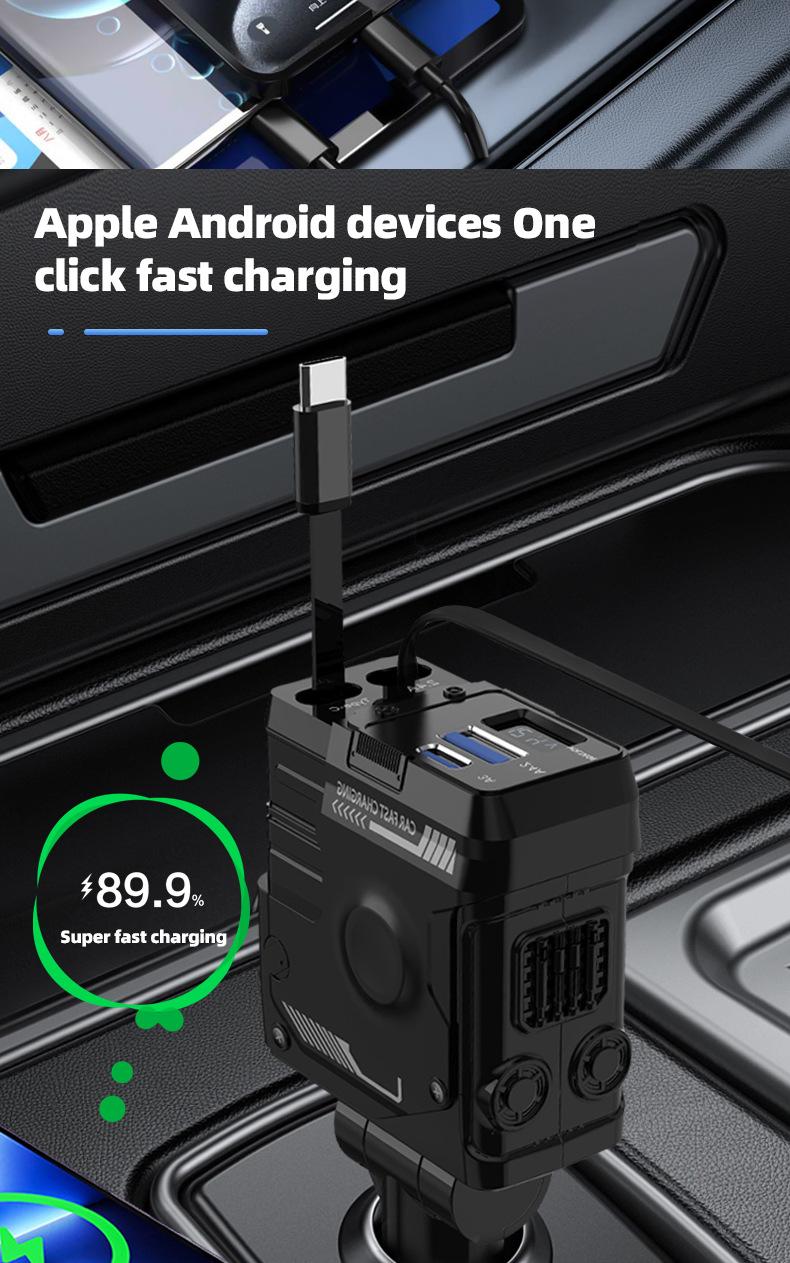 Joytutus 120W Retractable Car Charger 4-in-1 Fast Charging for iPhone Samsung iPad with 2 USB C Cables Type-C Output 5V/3A USB-A 5V/2.4A 12V-24V Devices