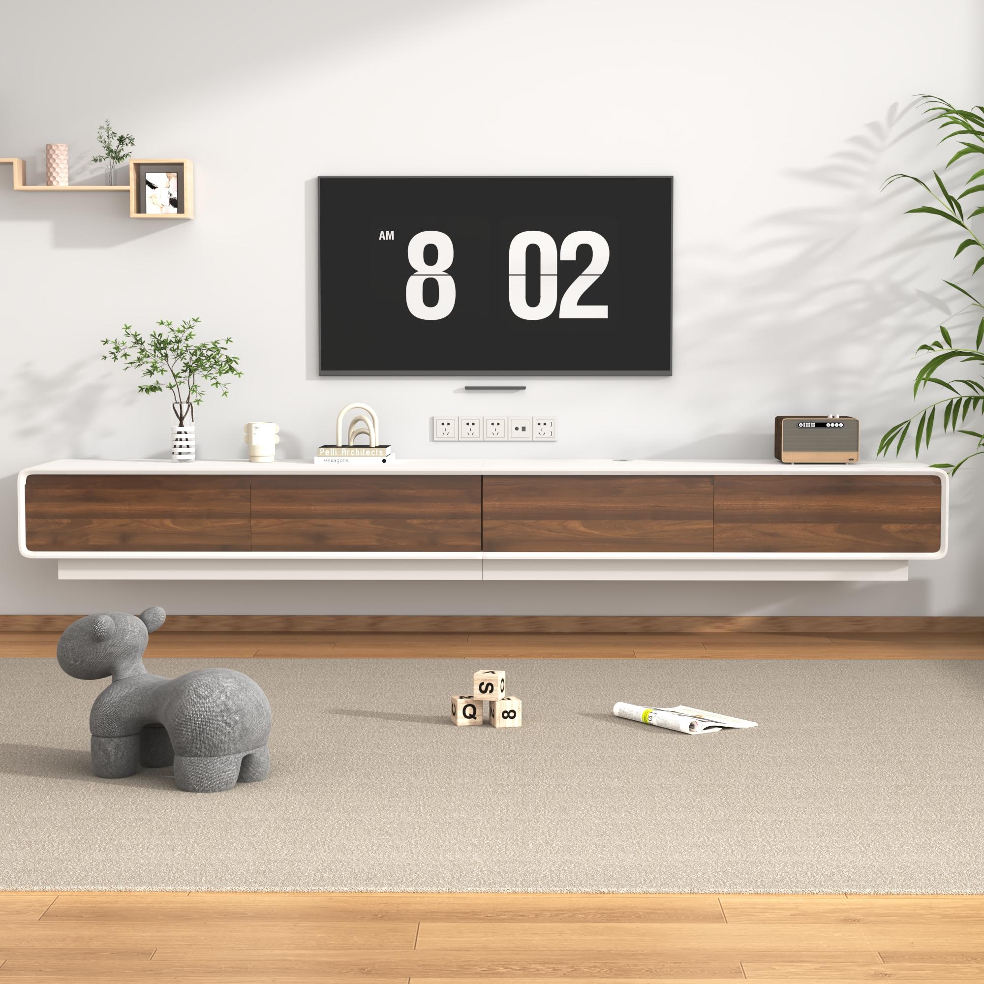 94.5" Minimalist Floating TV Stand for TVs up to 100 Inches, Modern Wall Mounted Media Console with 2 Drawers, Entertainment Center for Living Room, Black & Walnut/White & Walnut 94.5" Minimalist Floating TV Stand for TVs up to 100 Inches, Modern Wall Mounted Media Console with 2 Drawers, Entertainment Center for Living Room, Black & Walnut/White & Walnut