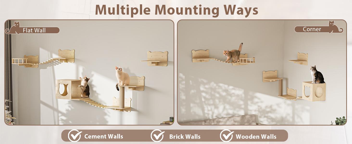 PUKAMI Cat Wall Shelves, Wooden Feline Furniture, 9 Pcs Set Wall Mounted Cat Shelves with Bed, House, Steps, Bridge Ladder and Scratching Post for Indoor Climbing, Sleeping, Playing