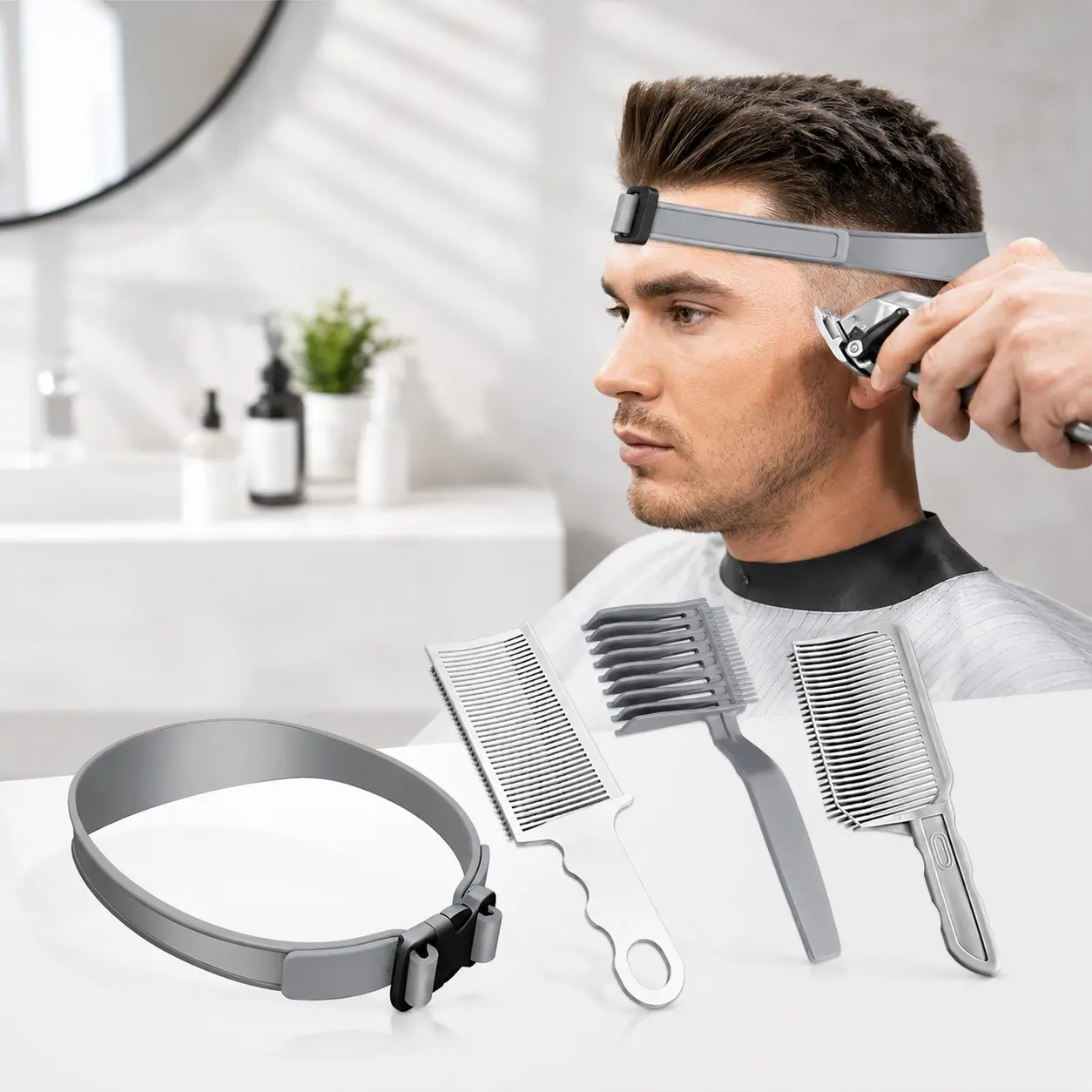 Haircut Tool Set 4 Piece, Arc Comb, Clipper Flat Brush, Adjustable Silicone Hairband, Home & Salon Use, Adult & Kids DIY, Hairdressing Kit, Barber Haircut Kit