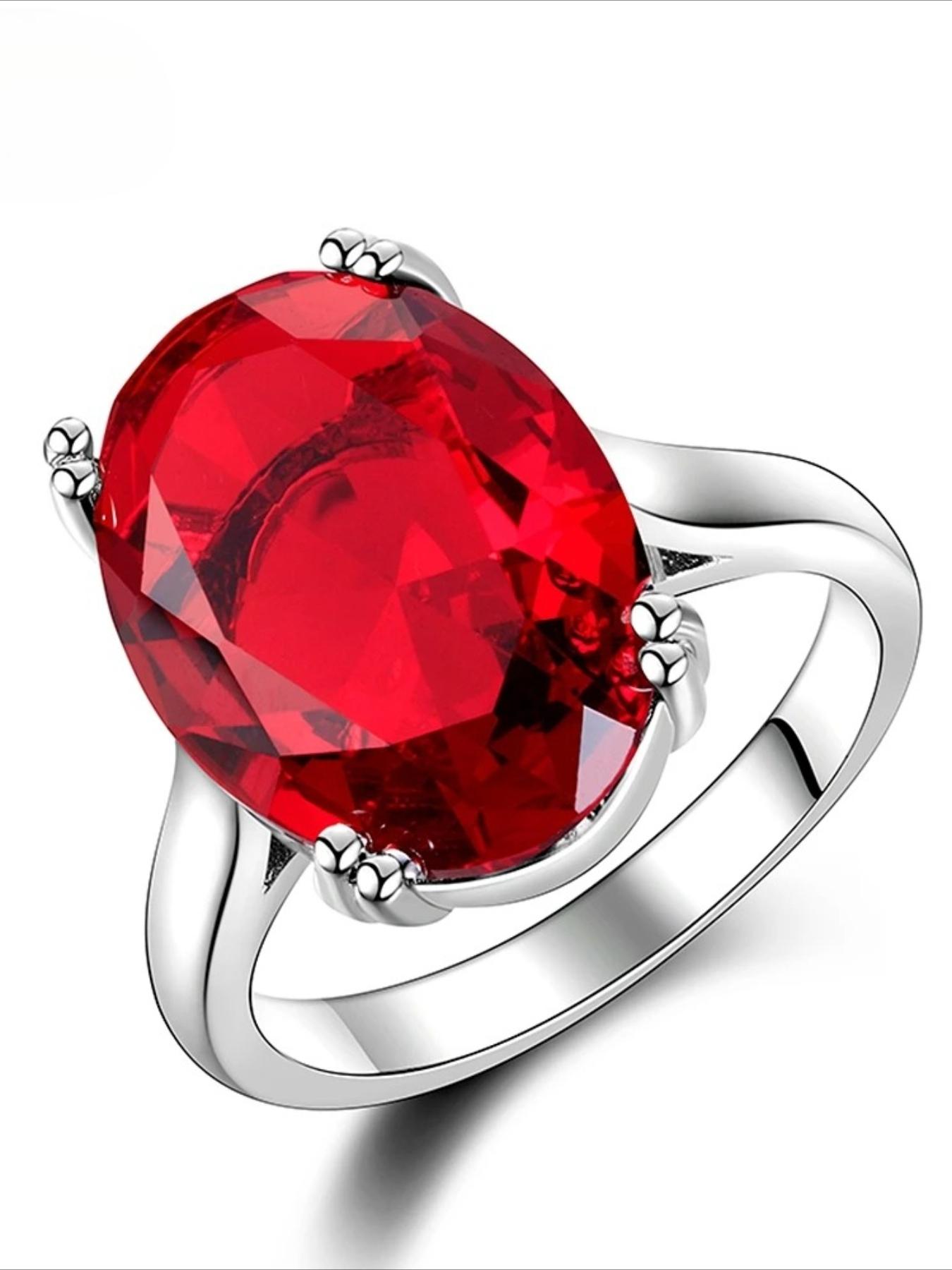 Red Ruby Oval Egg Shape Gemstone Silver Plated Wedding Rings For Women Bridal Fine Jewelry Engagement Bague Accessories GIft