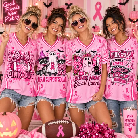 Women's Pink Out Bow Ghost Football Breast Cancer Awareness V-Neck Sports Top - Fits Outdoor Silk Lightweight Casual Halloween Game Day Tee