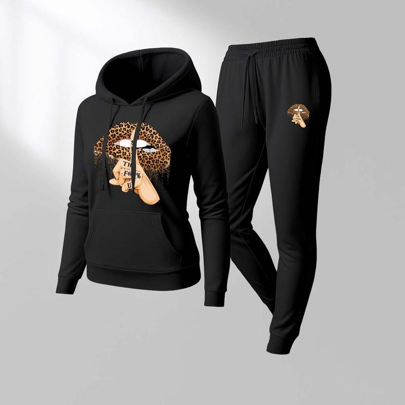 Women's Leopard Print Sexy Lips Print Hoodie And Drawstring Track Pants Set, Casual Sportswear, Long-Sleeved Hooded Jacket And Pants, Suitable For Autumn And Winter, Everyday Wear, Indoor And Outdoor Sportswear, Casual Sportswear.
