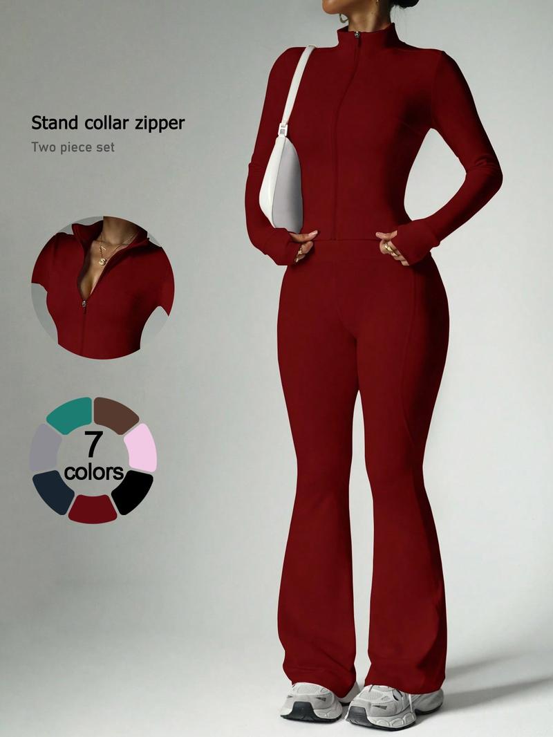 Two piece set women's loungewear set with long-sleeve zip-up jacket and wide-leg pants suitable for outings vacations airport travel Comfortable casual stylish pajama set for women with long sleeves and long pants