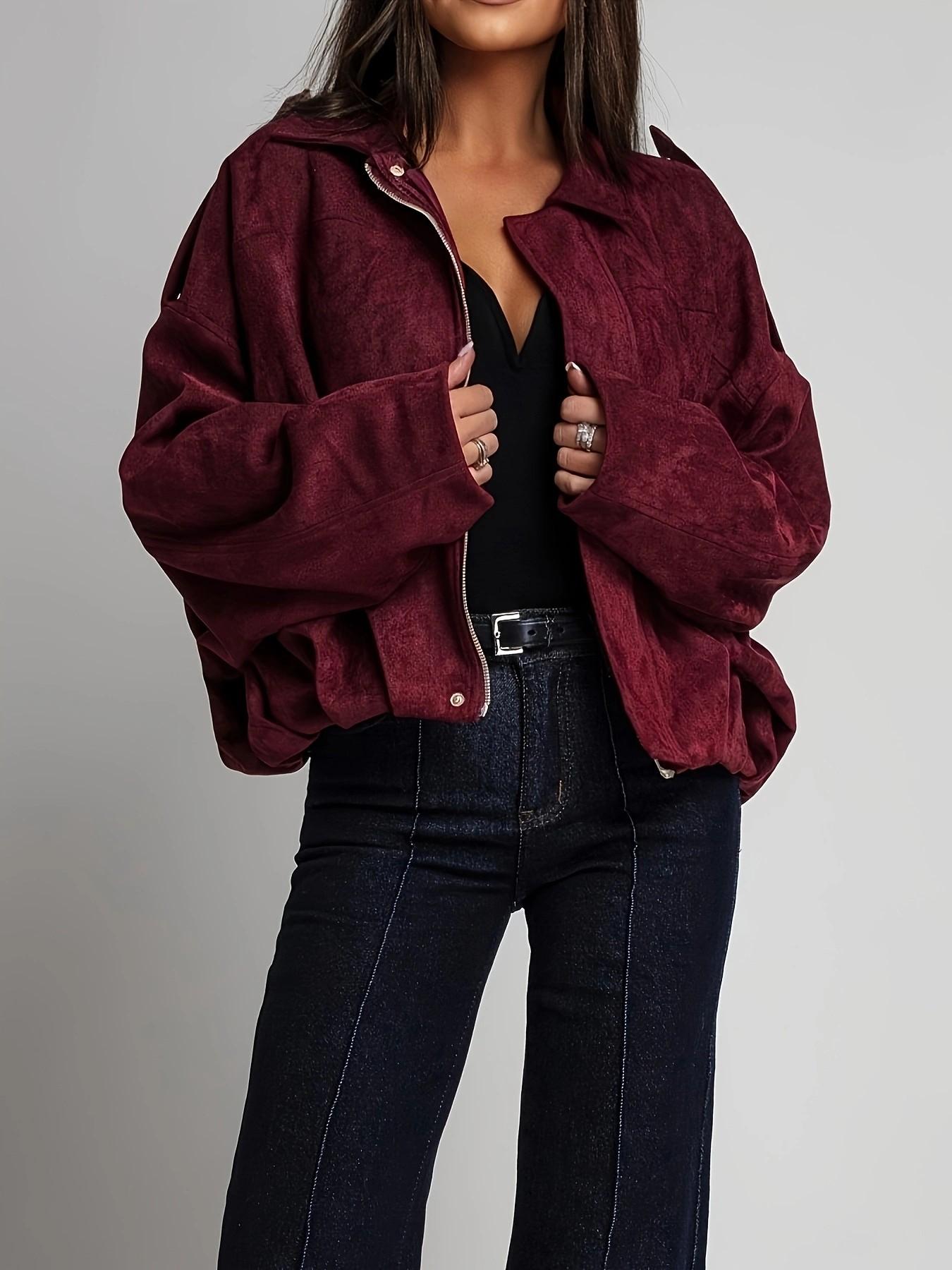 Women's Fashion Loose Short Zipper Jacket, Notched Collar Long Sleeve Pilot Coat, with Pockets, Essential for Autumn