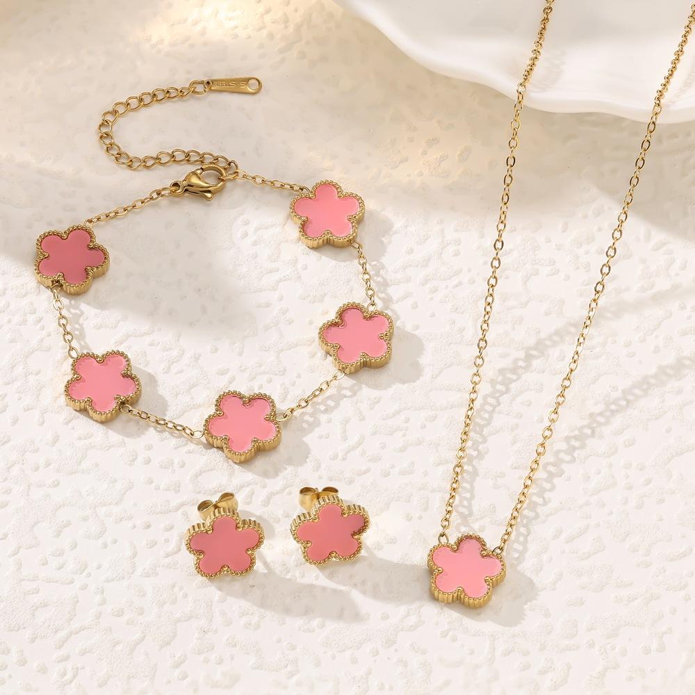3Pcs Gold Plated Black Clover Jewelry Set, Dainty Enamel Quatrefoil Necklace Bracelet Earrings Combo, Fashion Jewelry Gift for Her