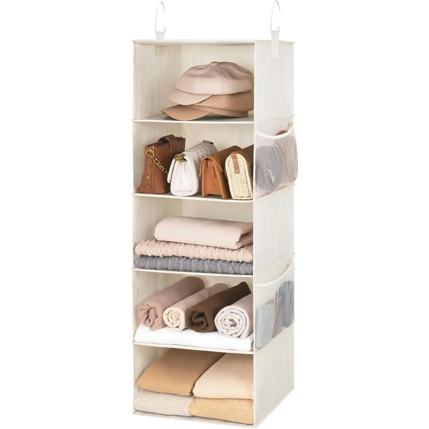 StorageWorks Hanging Closet Organizer, 5-Shelf Hanging Shelves with 2 Hooks, Foldable Space-Saving Design, Closet Organizers and Storage for Bedroom, Dorm, Locker, White & Ivory