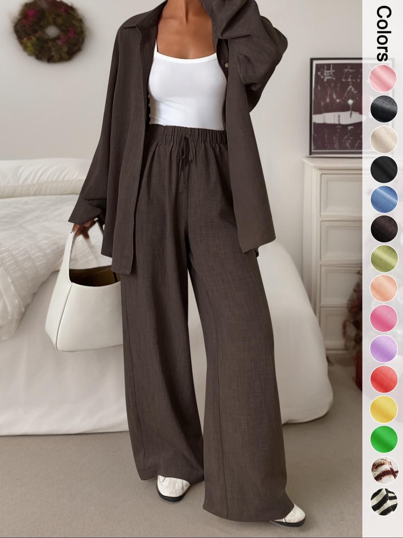 Women's Casual Sporty Shirt Long Pants Set, Loose Button-Up Top Wide Leg Pants Two-Piece Set, Comfortable and Stylish