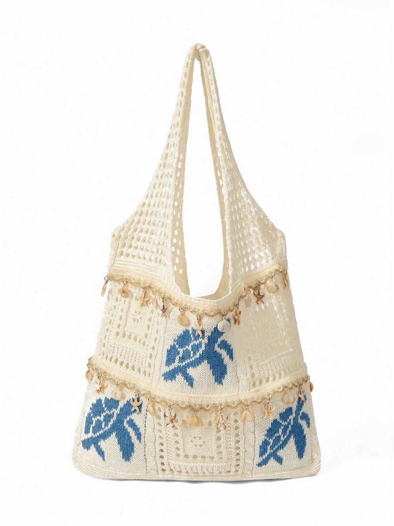 Vacation style simple and personalized hollow knitted turtle tote bag, shell, starfish, tassel hanging accessories, wide shoulder strap, large capacity beach bag, suitable for beach play and outdoor travel