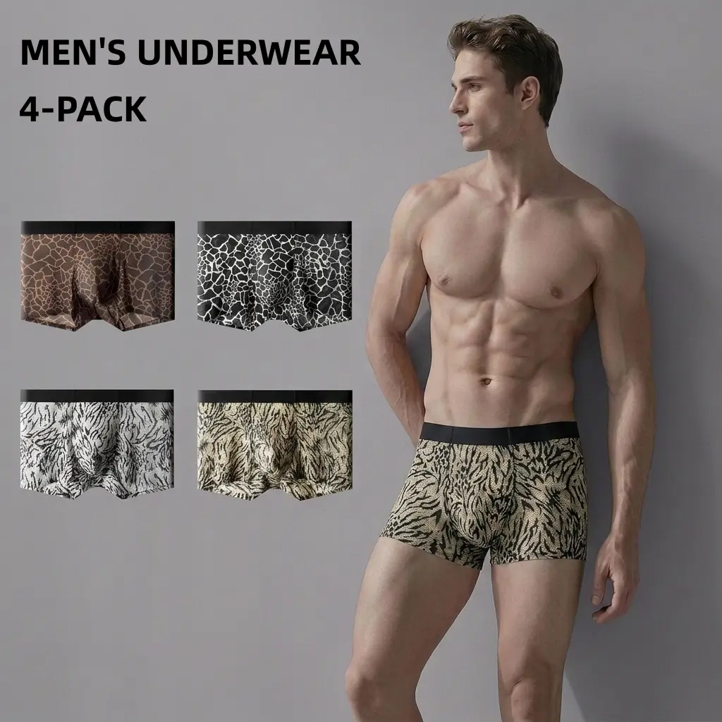 4-pack Ice silk breathable men's underwear printed underwear leopard print mulberry silk antibacterial inner gear boys boxers boxers