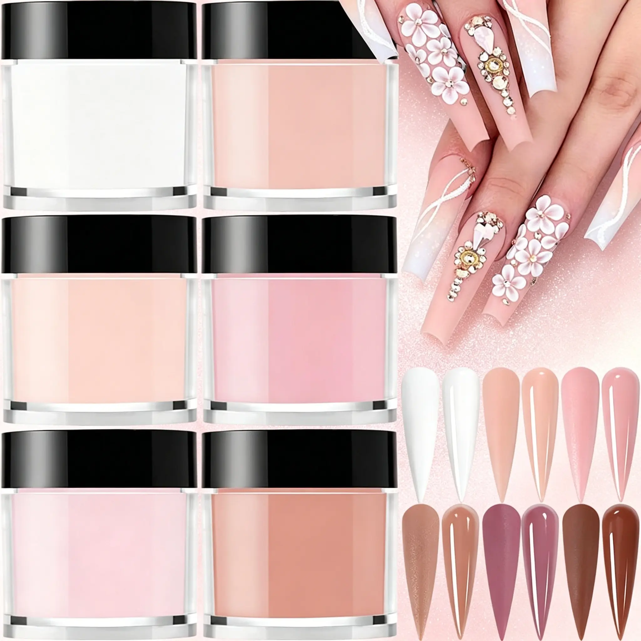 6-color acrylic nail powder set, nude pink and white professional polymer powders, suitable for nail extensions, 3D carving, and French nails, long-lasting and durable, suitable for DIY and salon use, Diy Nails Art, Nail Art Supplies