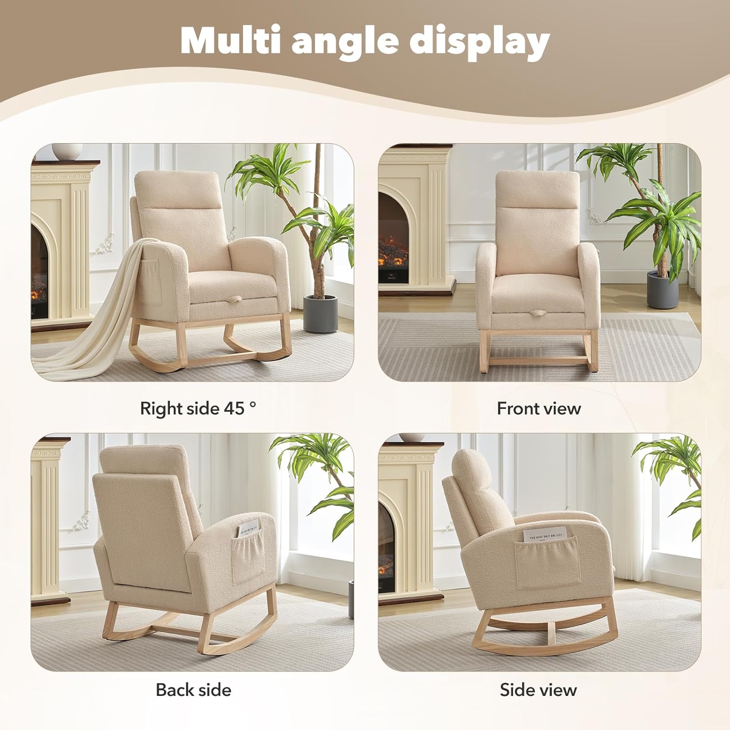 Rocking Chair Nursery with Foot Rest, Modern PU Upholstered Reading Glider Rocker Accent Armchair with High Backrest, Padded Seat, Side Pocket, for LivingRoom, Bedroom, Baby Room