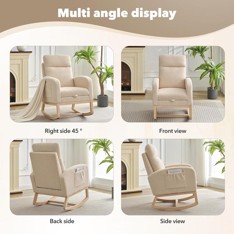 Rocking Chair Nursery with Foot Rest, Modern PU Upholstered Reading Glider Rocker Accent Armchair with High Backrest, Padded Seat, Side Pocket, for LivingRoom, Bedroom, Baby Room