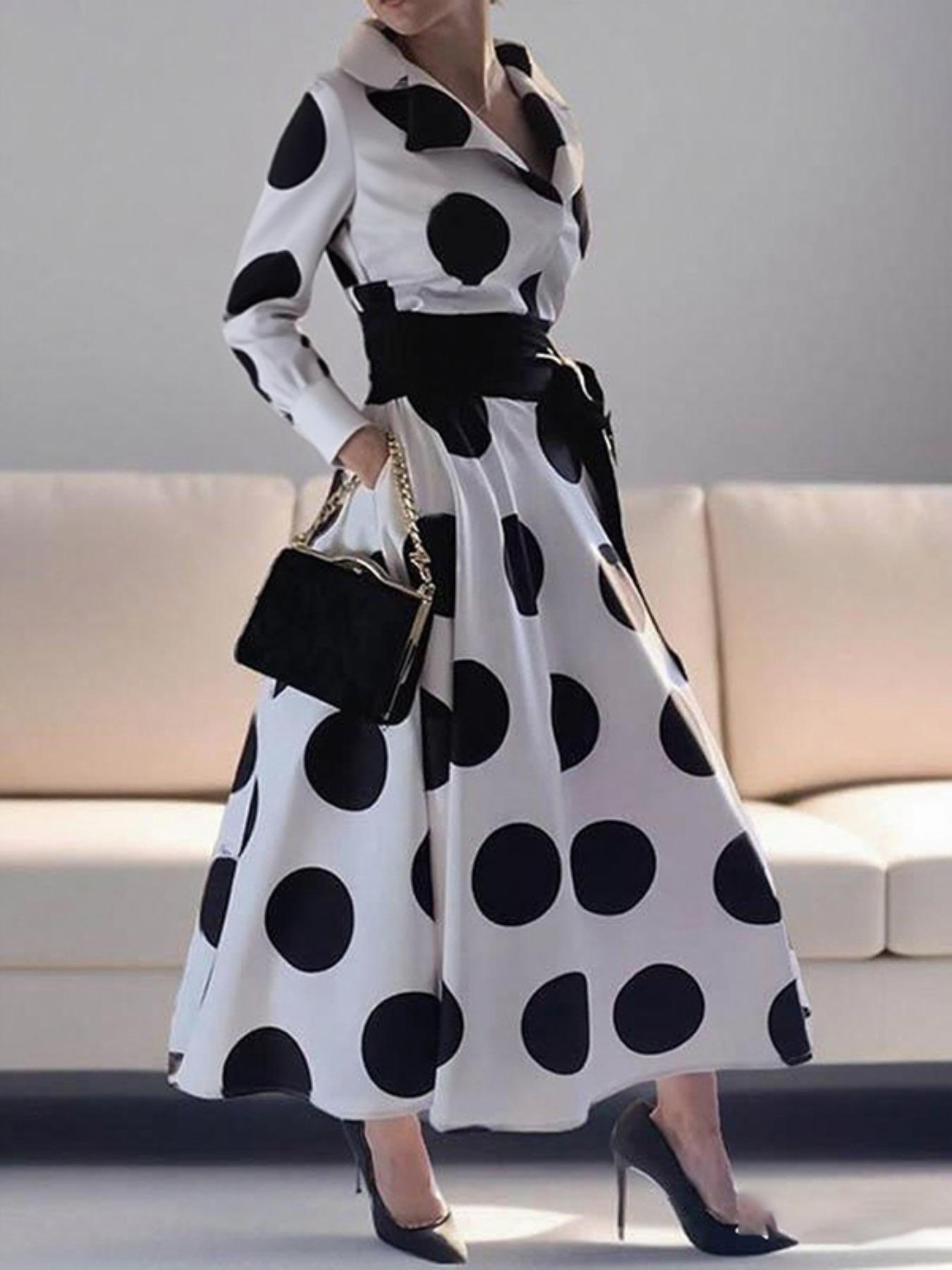 Women's A-Line Long Sleeve Polka Dot Belted Maxi Dress, Casual Summer Fashion, Elegant Pocket Design, Perfect for Parties & Daily Wear