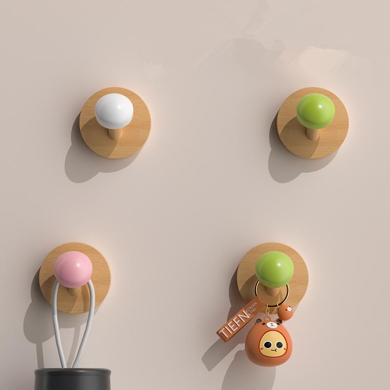2 Non Perforated Solid Wood Beech Mushroom Hooks with Strong Adhesive and Seamless Installation, Wall Mounted Multifunctional Storage Hooks Suitable for Creative Adhesive Hooks Behind Doors/Entrances/Bathrooms