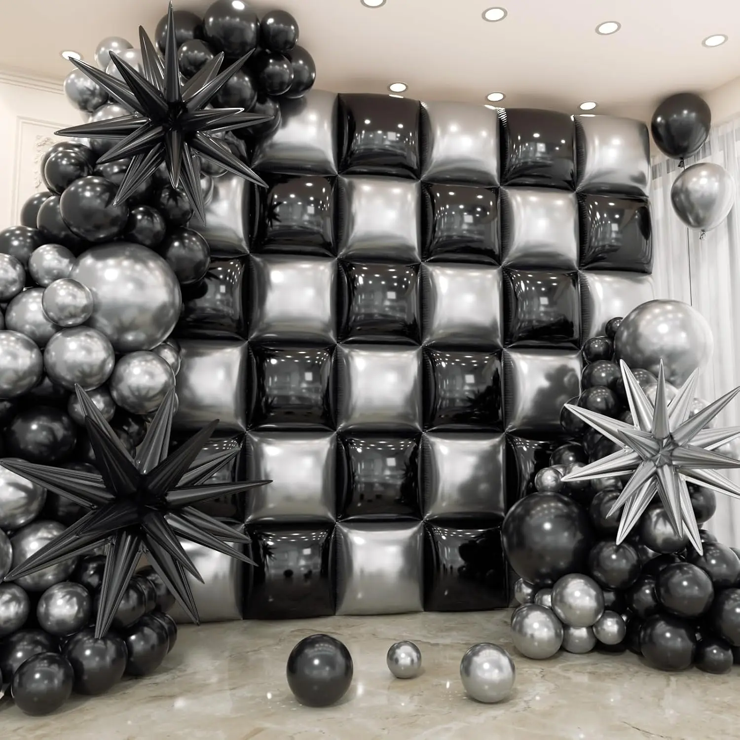 36pcs Black and Silver Square Foil Balloons Wall Backdrop with 147pcs Balloon Garland Arch Kit, Double Sided Balloons for Birthday Anniversary New Year Graduation Prom Party Decorations