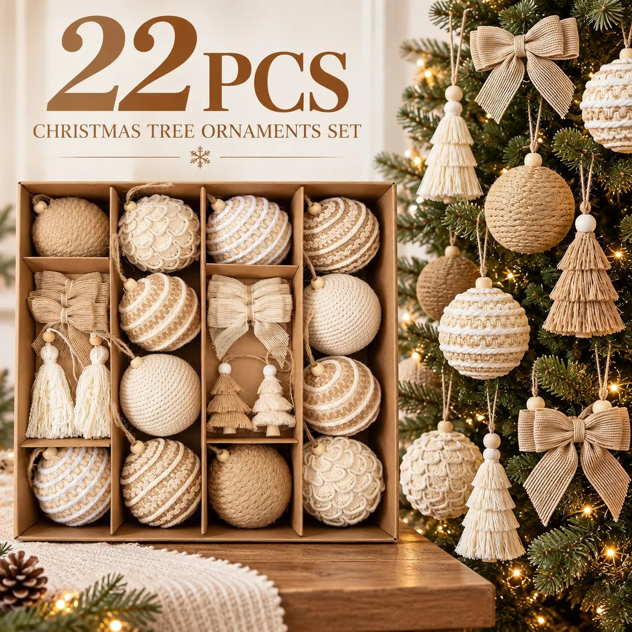 22 Pcs Boho Christmas Tree Ornaments Set, Rustic Jute Rope & Macrame Ball Decorations with Tassels, Mini Christmas Trees and Bows, Beige Neutral Farmhouse Holiday Hanging Decor